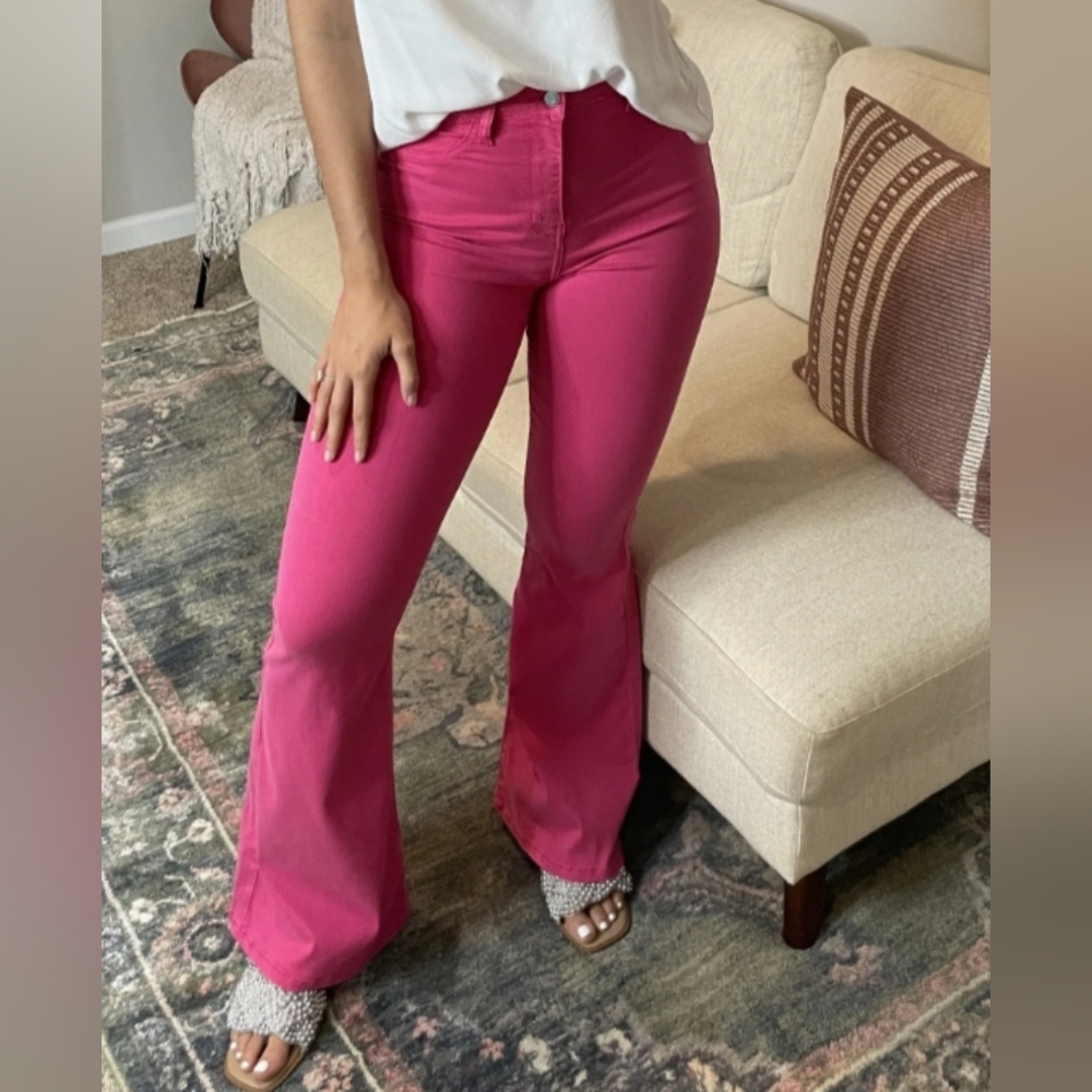 Cello Jean Pants NWT Size 11 30 Bright Pink Denim Supe Flare High Waist Stretch